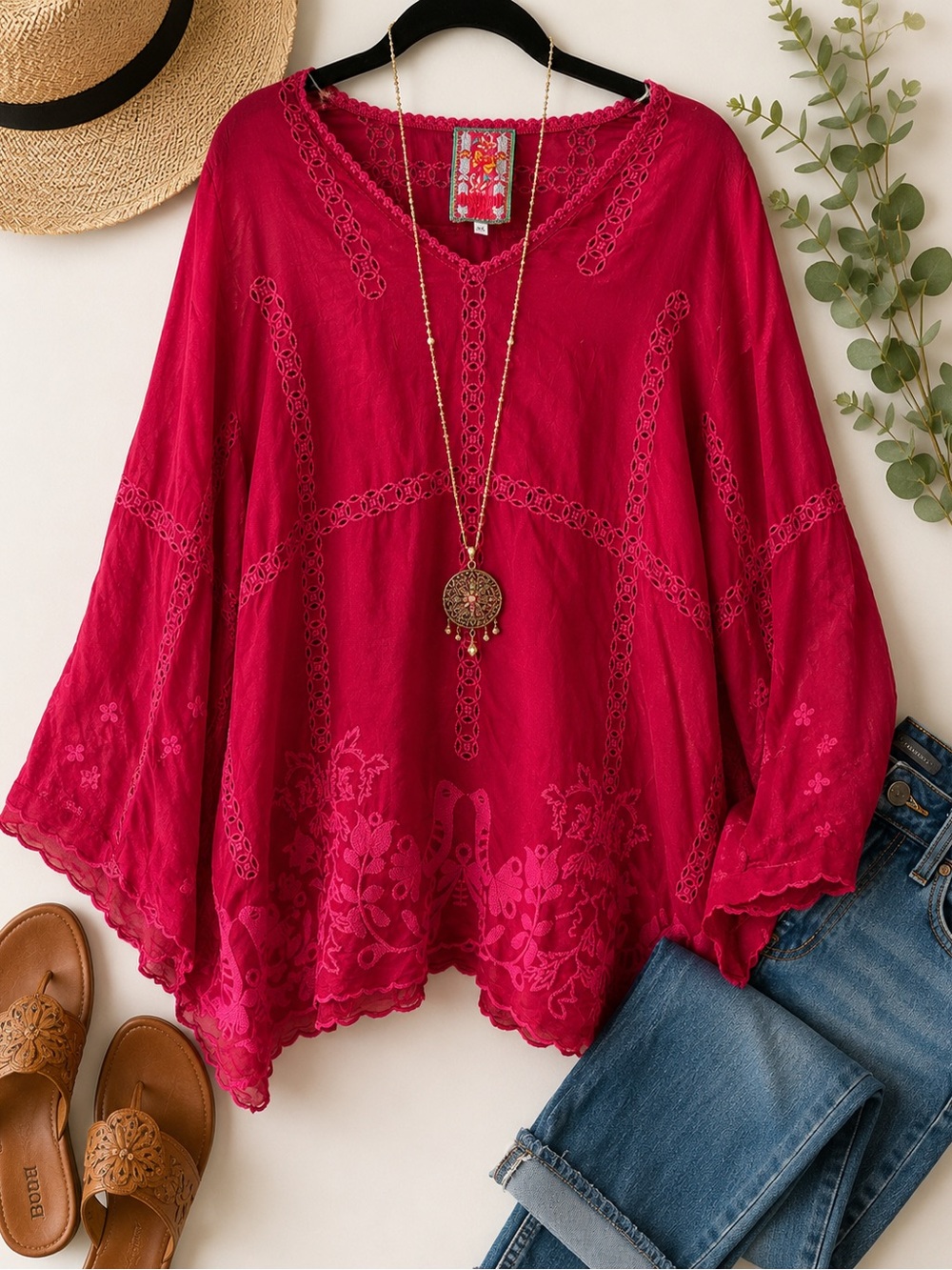 Johnny Was Fuchsia Red Embroidered Silk Tunic Blouse XS Boho Cutwork Lace